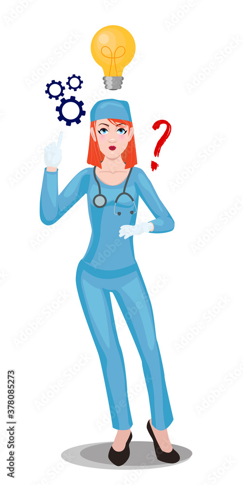 Doctor woman creative thinking, question - idea. The red-haired nurse comes up with it. Doctor woman creative thinking, question - idea. The red-haired nurse comes up with it.