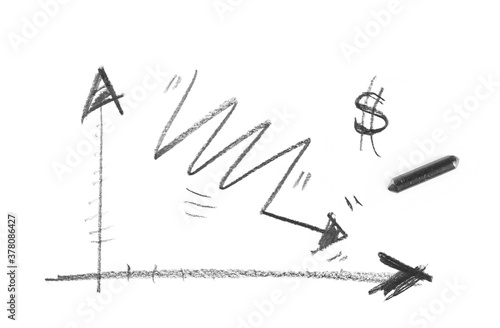 Graphite stick withe financial business chart sketch  falling stock market hatching isolated on white background