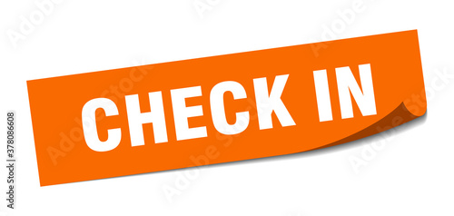 check in sticker. square isolated label sign. peeler