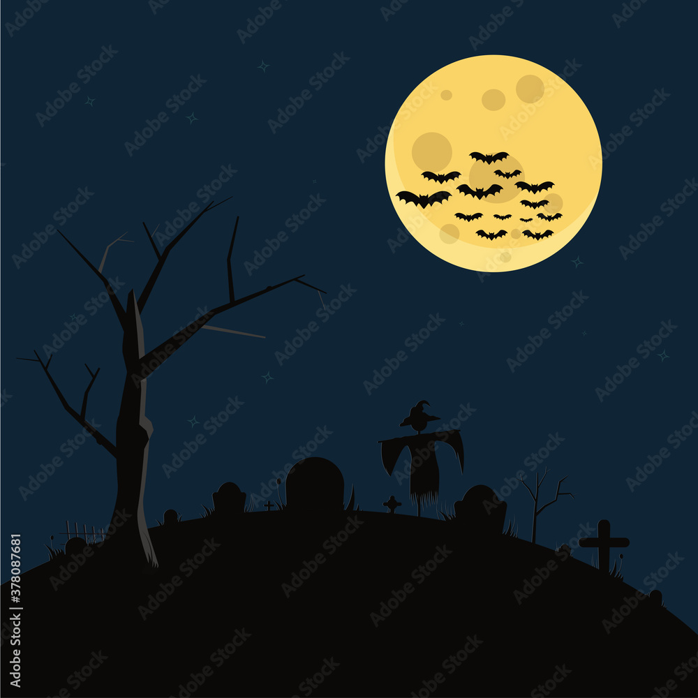Tomb with scarecrow design background vector illustration. Halloween concept