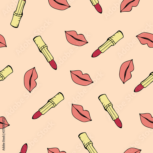 Professional makeup artist background. Vector seamless pattern with lipstick, pink mouth lips. Hand drawn fashion art illustration in trendy vogue style.