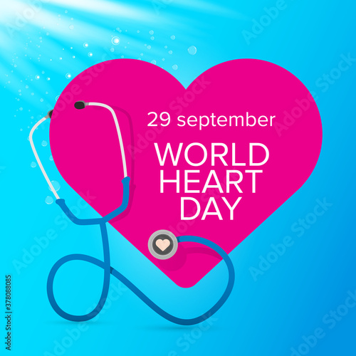 world heart day banner or background with heart isoalted on blue layout.