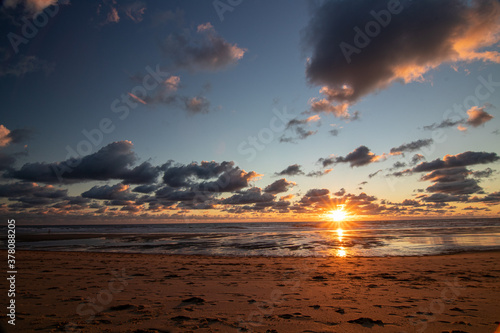 Atlantic ocean sunset with pink and purple sky, Montalivet France