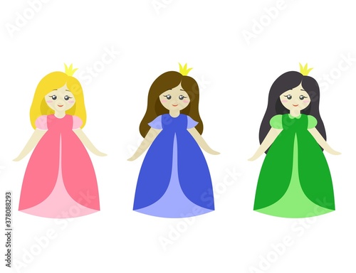 Three cartoon princess in flat style. Vector girls with crowns. Set of fairytail characters.