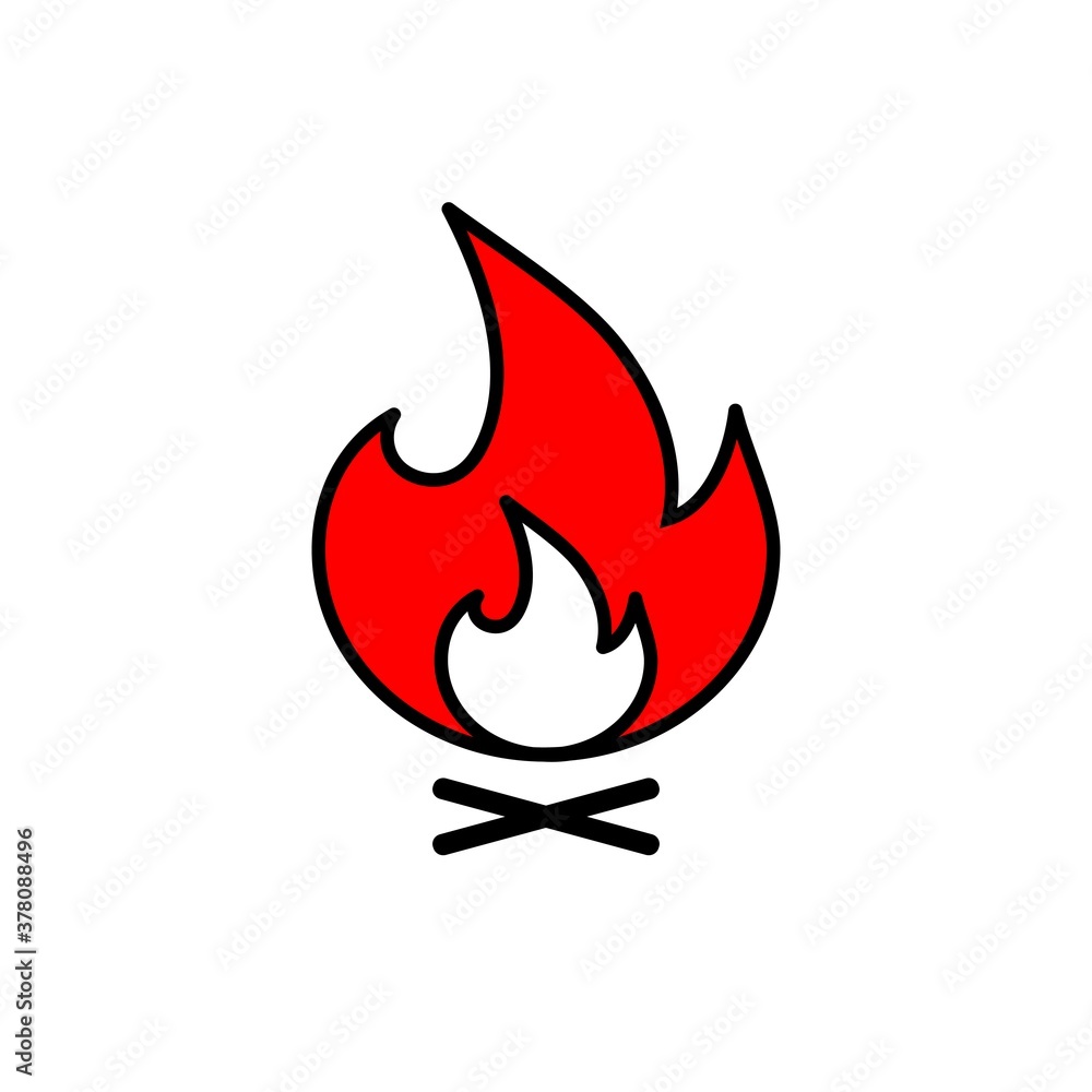 Camp fire icon. Bonfire burning on firewood sign. Red sign Camp fire icon. Bonfire burning on firewood sign. Red sign