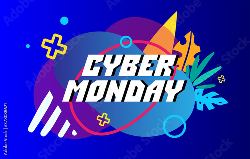 Template design geometric web banner for cyber monday offer. Letters in glitch style with geometric particle for cyber sale. vector promotion design