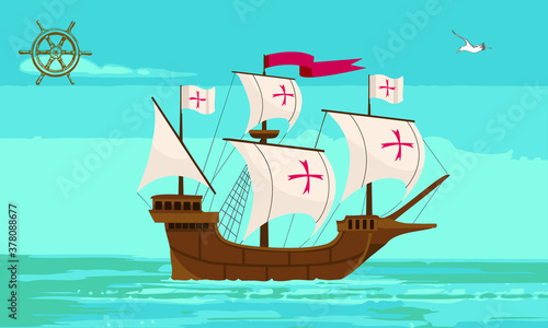 Portuguese Caravel In The Ocean. Vector illustration for web and print.