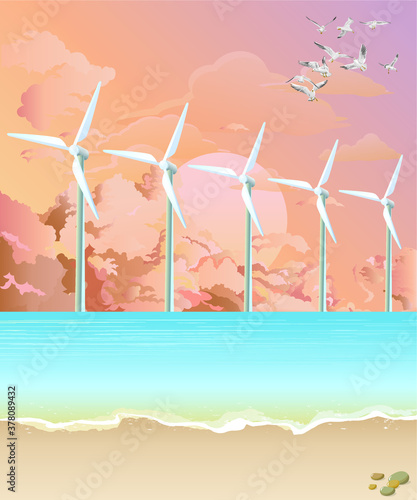 Offshore wind turbines producing sustainable renewable green energy set against a dawn or dusk pink sky