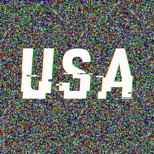 USA vector glitch text. Patriotic background with anaglyph 3D effect. Creative illustration, web template for american posters, flyers. Technological retro layout. Computer program, TV channel screen