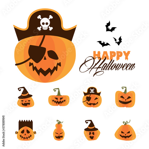 pirate pumpkin and bundle of halloween pumpkins flat style icons