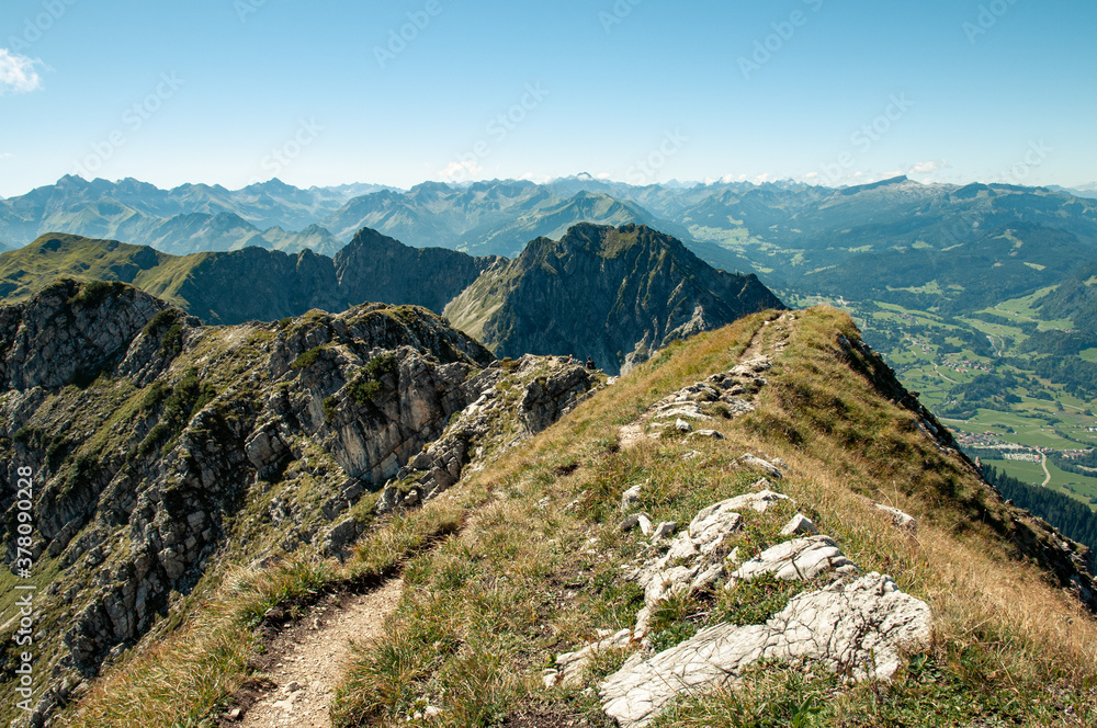 Path on mountain ridge, rock formation near Entschenkopf, alps, Bavaria, Germany, Europe