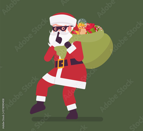 Secret Santa Claus making hush gesture, moving slowly with sack. Anonymous Father Christmas bringing, sharing traditional new year gift, unknown volunteer giver. Vector flat style cartoon illustration