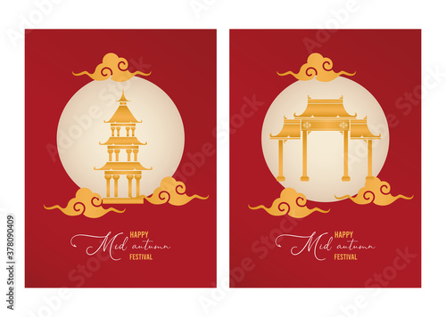 happy mid autumn lettering card with chinese arch and castle