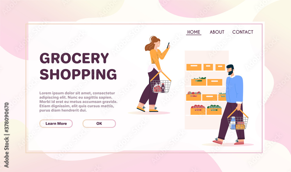 Vector banner of grocery shopping concept, store advertising template