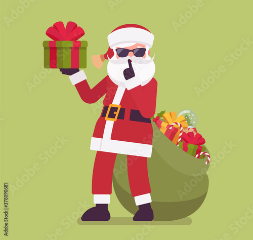 Secret Santa Claus with present box making hush, shh gesture. Anonymous Father Christmas bringing, sharing traditional new year gifts, unknown volunteer giver. Vector flat style cartoon illustration