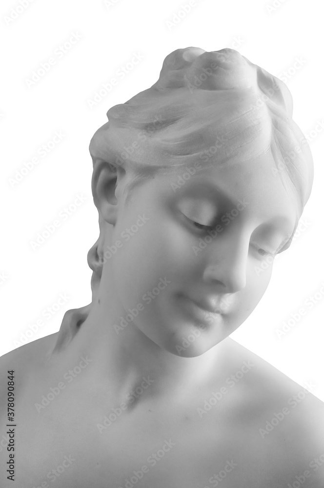 White marble sculpture head of young woman. Statue of sensual renaissance art era naked woman in circlet antique style isolated on white background White marble sculpture head of young woman. Statue of sensual renaissance art era naked woman in circlet antique style isolated on white background