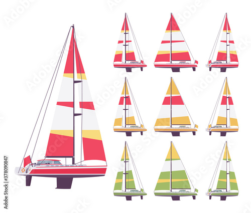 Sailing yacht set, sport, cruising, racing vessel with striped sail. Watercraft to enjoy wave speed and freedom in sea, ocean navigation hobby. Vector flat style cartoon illustration, different views