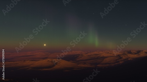 alien Planet, fantasy landscape, view from the surface of an exo-planet, science fiction landscape, 3d Render