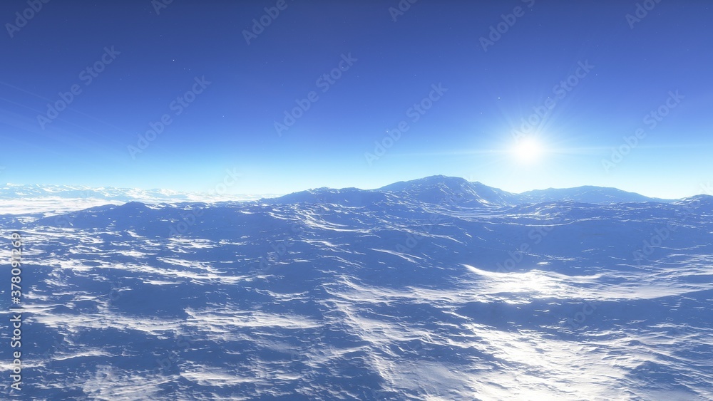 alien Planet, fantasy landscape, view from the surface of an exo-planet, science fiction landscape, 3d Render alien Planet, fantasy landscape, view from the surface of an exo-planet, science fiction landscape, 3d Render