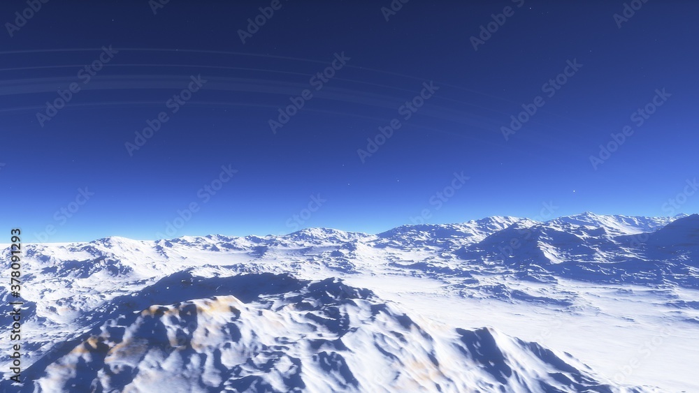 alien Planet, fantasy landscape, view from the surface of an exo-planet, science fiction landscape, 3d Render