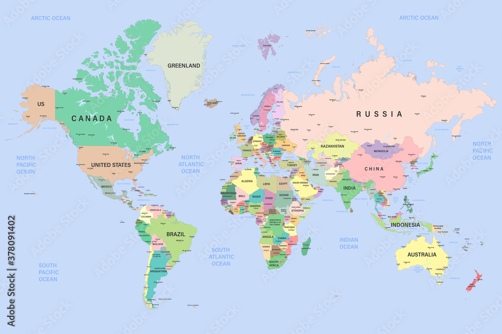 Global political map of the world. Highly detailed map with borders, countries and cities. Each country is on a separate layer and is editable.