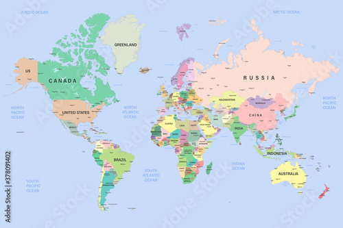 Global political map of the world. Highly detailed map with borders  countries and cities. Each country is on a separate layer and is editable.