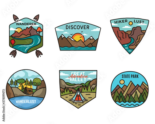 Camping adventure badges logos set, Vintage travel emblems. Hand drawn stickers designs bundle. Discover, hiker lust, scouts labels. Outdoor camper insignias. Logotypes collection. Stock vector.