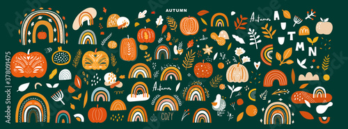 Vector collection with autumn symbols and elements. Autumn pumpkins and Rainbows