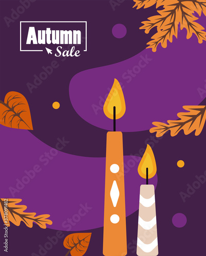autumn sale season poster with candles and leafs