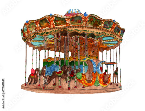 Carousel with horses isolated on white background.Winter illustration.