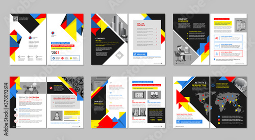 Brochure creative design. Multipurpose template, include cover, back and inside pages. Trendy minimalist flat geometric design. Vertical a4 format.
