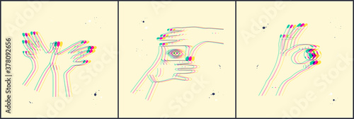Bird shaped hands. All seeing eye. Hand holding planet Earth. Stereoscopic vector hand gesture. Conceptual background with 3D stereo effect. Glitch illustration set with body language for design