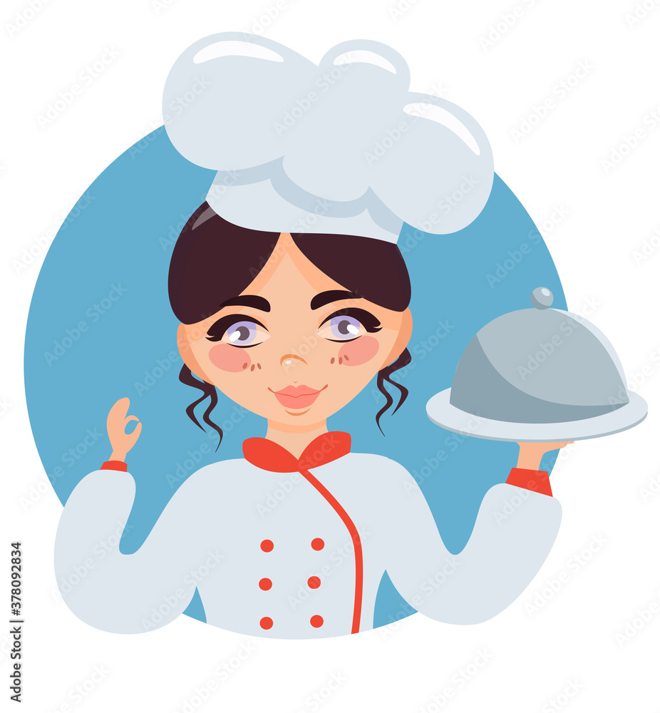 Little girl chef is holding a dish. Logo for children's cooking courses.