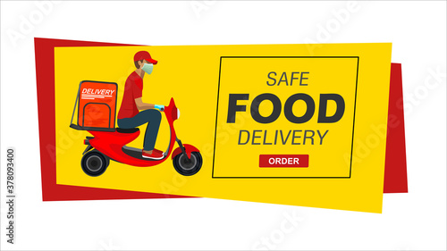 Safe food delivery at home during coronavirus epidemic: delivery man holding a bag with fast food, he is wearing a face mask and gloves
