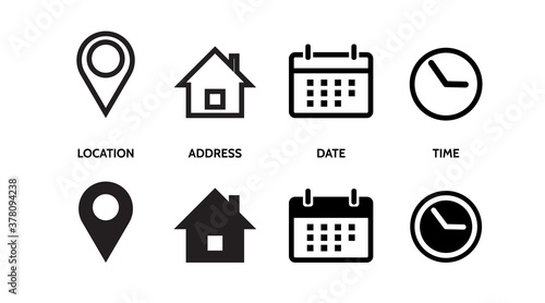 Location, Address, date, time, contact, Calendar, home. set icons vector line illustration