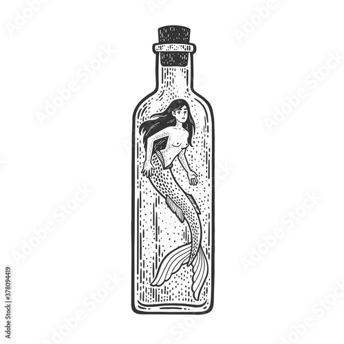 Mermaid in bottle fabulous woman creature sketch engraving vector illustration. T-shirt apparel print design. Scratch board imitation. Black and white hand drawn image.