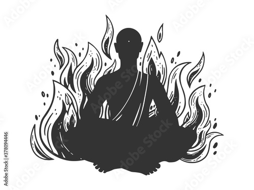 burning in fire flame meditating monk sketch engraving vector illustration. T-shirt apparel print design. Scratch board imitation. Black and white hand drawn image.