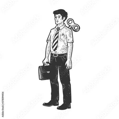clockwork office worker businessman toy sketch engraving vector illustration. T-shirt apparel print design. Scratch board imitation. Black and white hand drawn image.