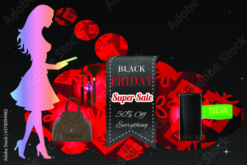 Vector concept Black Friday. Sale Girl with electronic tablet and think bubble including Black Friday Banner and sales items: phone, bag, mascara.