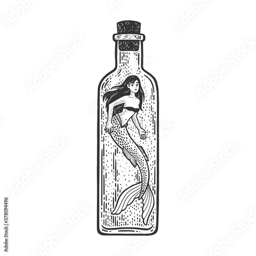 Mermaid in bottle fabulous woman creature sketch engraving vector illustration. T-shirt apparel print design. Scratch board imitation. Black and white hand drawn image.