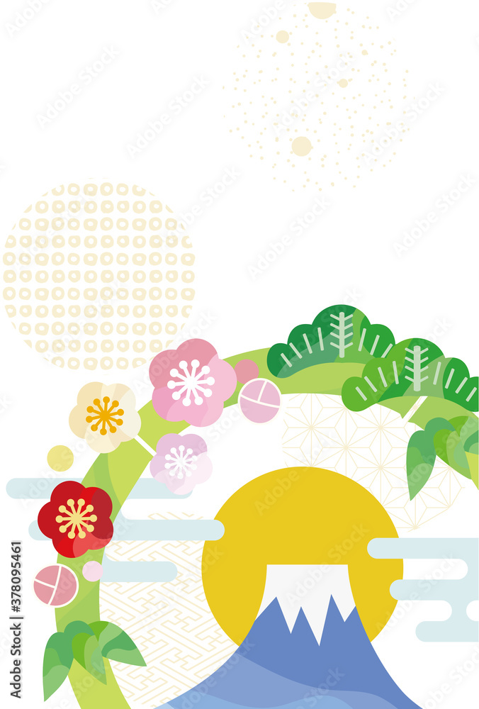 松・梅・竹の花輪と富士山の年賀状イラスト