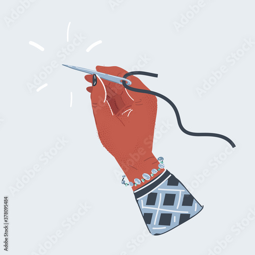 Vector illustration of human hands holding threet with needle isolated on white