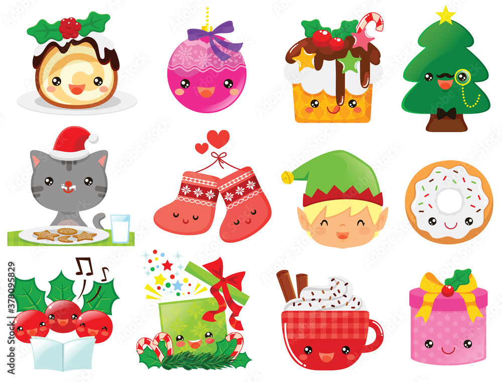 Christmas cartoons clip art set. Cute kawaii cartoon characters of the  holiday symbols. Christmas tree, presents, decorations, cakes and Santas  elf. Stock Vector