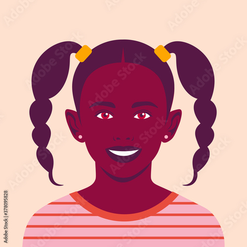 Portrait of a happy African girl. The face of a smiling child. Avatar of a schoolgirl. Vector flat illustration