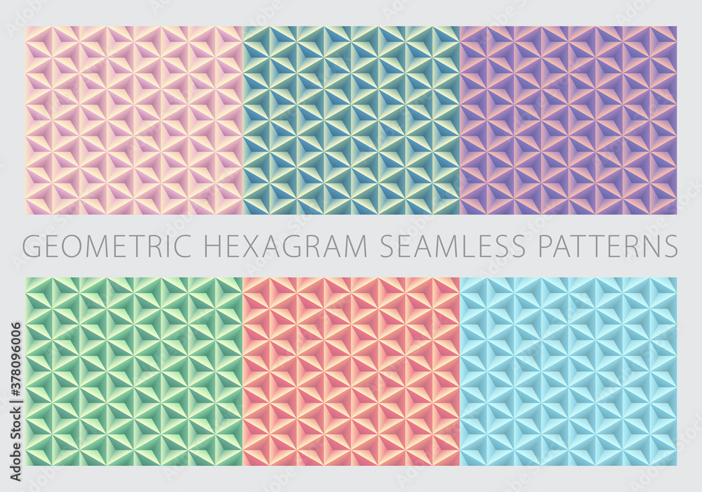 Geometric hexagram shapes seamless patterns. Pastel color set. Peach-puff, green, lavender, pale-green, peach, light-blue, background. Vector illustration.