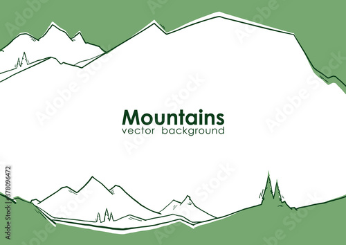Vector illustration: Hand drawn abstract green mountains background with pines. Flat landscape.