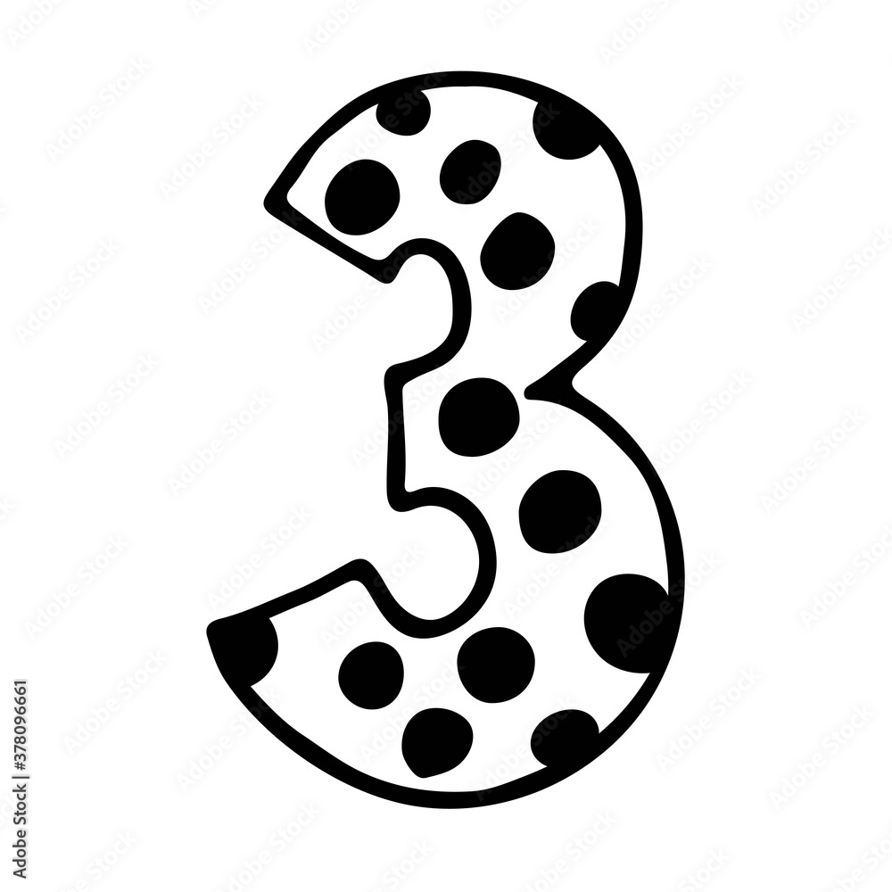 Cute number 3. Hand drown vector three with polka dot. Design for baby birthday, baby party decor, logo, sticker, greeting card, shirt print. Happy third birthday. 3rd anniversary celebration Template