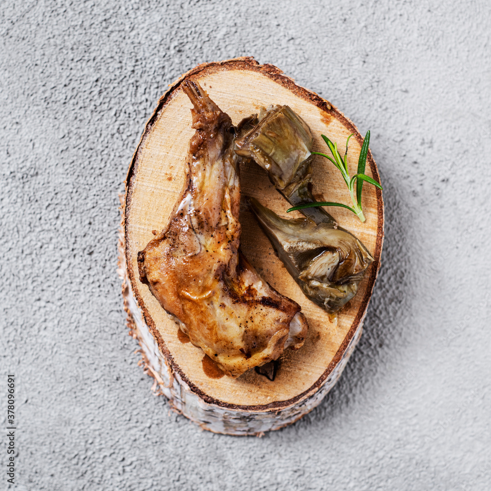 cooked rabbit, typically eaten in Spain cooked rabbit, typically eaten in Spain