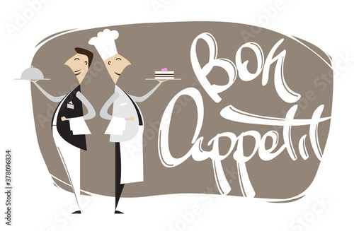 Vector Cartoon scene with waiter, chef and hand lettering of Bon appetit. Isolated on white background.