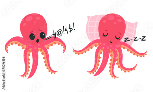 Pink Octopus with Tentacles Showing Different Emotions and State Vector Set